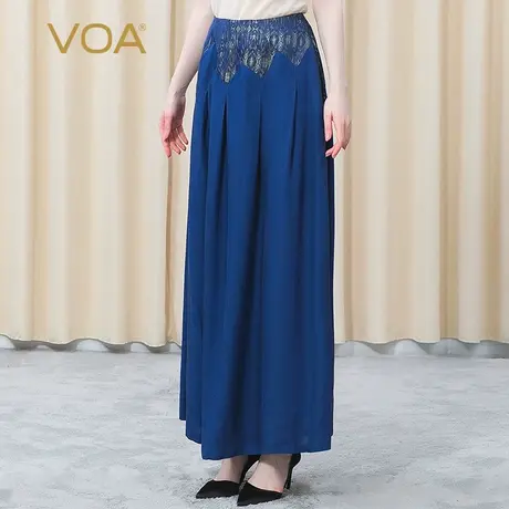 VOA真丝提花不规则撞料拼接插袋褶皱藏青色竹纹桑蚕丝半身长裙图片
