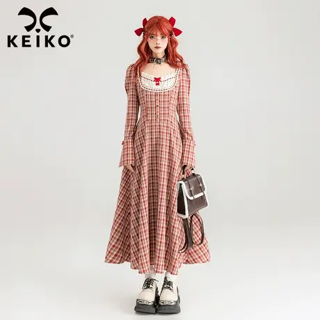 KEIKO 法式复古红色格子鱼骨连衣裙春夏气质方领收腰显瘦大摆长裙图片