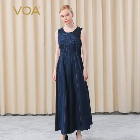 VOA重磅真丝30姆米藏青明线拱针对丝拼接大摆淑女桑蚕丝连衣长裙商品大图