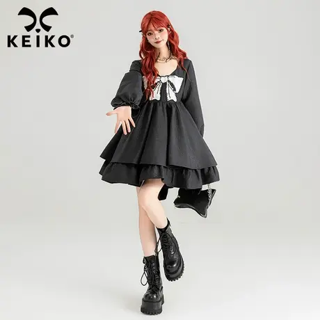 KEIKO 甜酷刺绣蝴蝶结黑色连衣裙24春季高级感暗纹提花蓬蓬公主裙图片