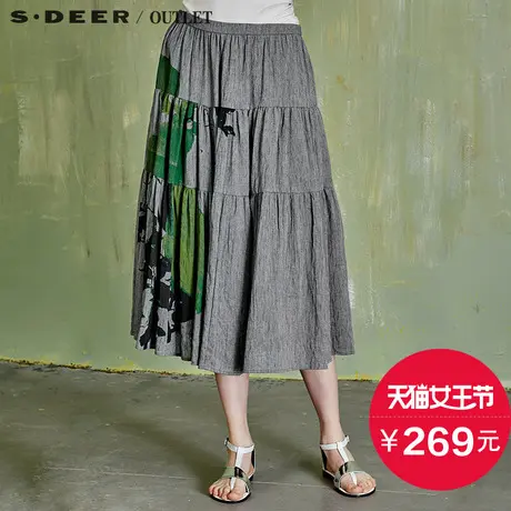 s.deer【新品】圣迪奥抽象水墨绿意棉麻长裙S15281115商品大图