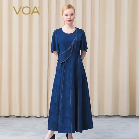 VOA38姆米深蓝提花真丝荷叶圆领短袖拼接假两件对丝桑蚕丝连衣裙图片