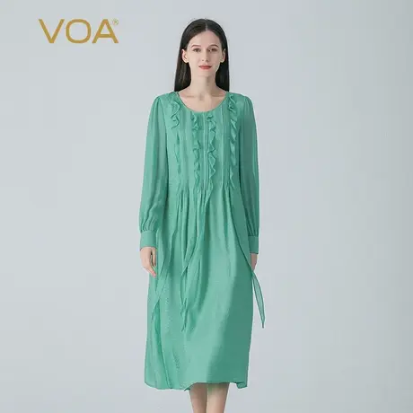 VOA暗纹提花桑蚕丝春绿色圆领长袖工字褶荷叶边飘带真丝连衣裙图片