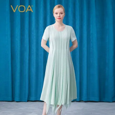 VOA真丝重磅30姆米薄荷绿砂洗工艺短袖高腰百褶显瘦桑蚕丝连衣裙图片