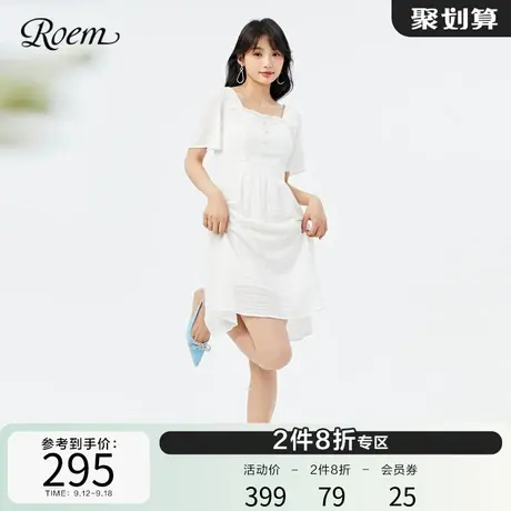 Roem商场同款象牙白色清新法式花边方领遮肉高腰飞飞袖公主连衣裙图片