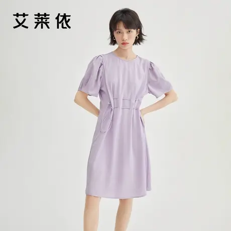 艾莱依紫色抽绳休闲连衣裙女装2022夏季新款高级感法式群气质裙子图片