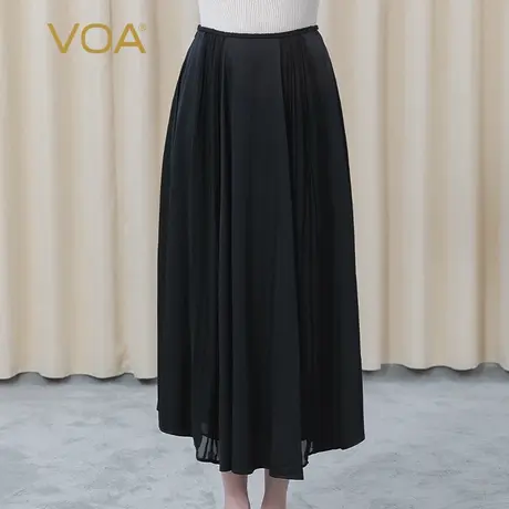 VOA丝绸弹力斜纹自然腰立体麻花辫装饰褶皱黑色桑蚕丝半身长裙图片