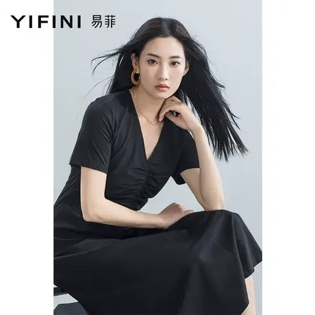 Yifini/易菲V领短袖经典黑色气质显瘦中长款连衣裙女2023夏季新款图片