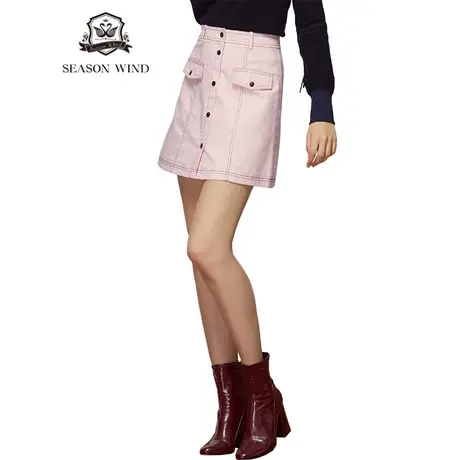 季候风新款牛仔布纯色甜美清新单排扣装饰字裙半身裙女8035QH814商品大图