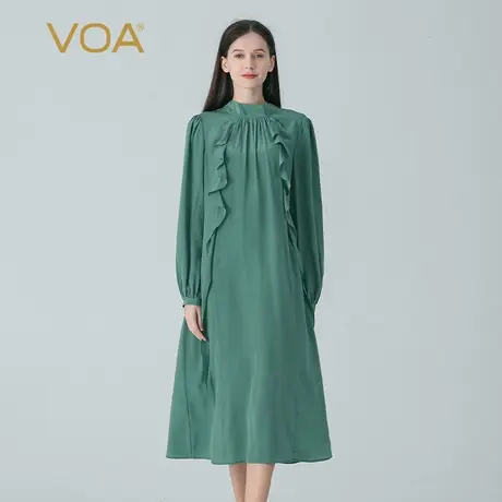 VOA桑蚕丝双绉春绿半高领长袖飘带装饰宽松腰大码随性真丝连衣裙图片