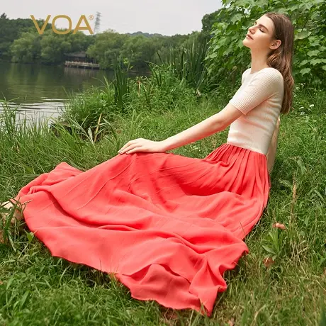 VOA真丝乔其正红色自然腰风琴褶立体活页装饰双层桑蚕丝半身裙图片