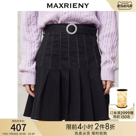 MAXRIENY学院风百褶裙冬季黑色半身短裙洋气图片