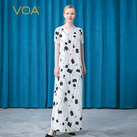 VOA纯真丝30姆米重磅印花圆领乔其拼接明线装饰长款优雅连衣裙图片