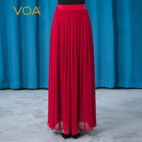 VOA真丝乔其酒红色撞料拼接不对称百褶双层轻薄桑蚕丝半身长裙图片