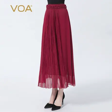 VOA真丝乔其酒红色褶皱自然腰宽松透气显瘦百搭A字桑蚕丝半身裙图片