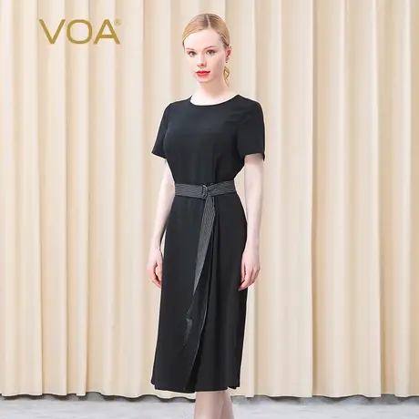 VOA36姆米弹力重绉黑短袖圆领腰带收腰拼接下摆开叉桑蚕丝连衣裙图片