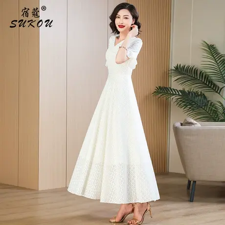 优雅白色蕾丝连衣裙女2023夏季新款法式高级感短袖V领温柔风长裙图片