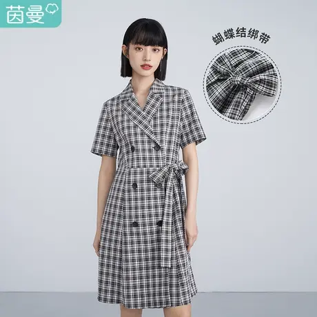茵曼法式女2023年春季新款西装式黑白格收腰蝴蝶结时尚显瘦连衣裙图片