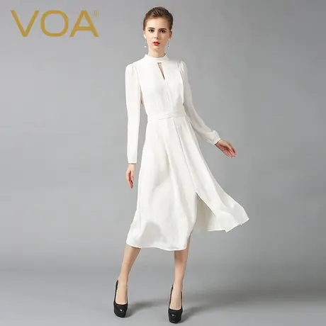 VOA36姆米重磅真丝纯色半高领透视长袖中腰弹力大摆桑蚕丝连衣裙图片