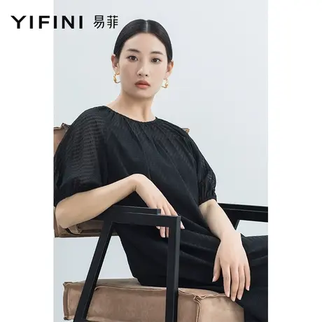 Yifini/易菲黑色优雅气质圆领两件套中长款连衣裙女2023夏季新款图片