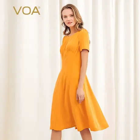 VOA40姆米重磅真丝橘黄圆领褶裥分割设计收腰显瘦桑蚕丝连衣裙图片