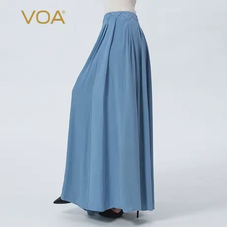 VOA真丝30姆米重磅竹月蓝自然腰褶皱拼接宽松大摆桑蚕丝半身裙图片