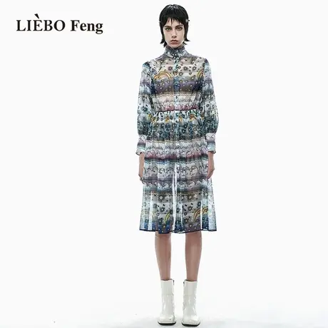 裂帛LIEBOFeng商场同款2023年夏新设计师复古印花雪纺长袖连衣裙图片