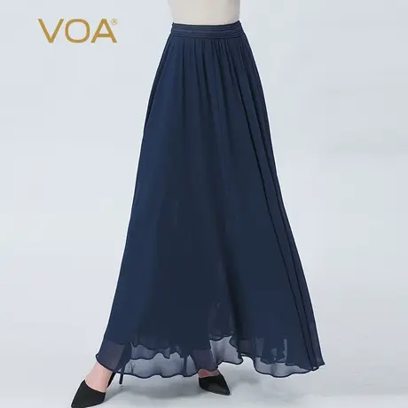 VOA真丝乔其黛蓝色自然腰双层纯色褶皱百搭撞料拼接桑蚕丝半身裙图片