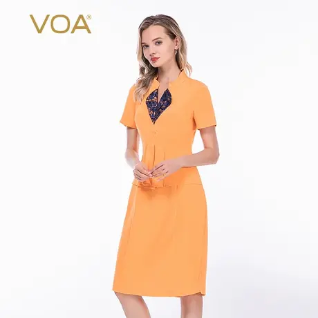 VOA36姆米蚕丝重磅立领提花拼接短袖假两件职业装桑蚕丝连衣裙图片