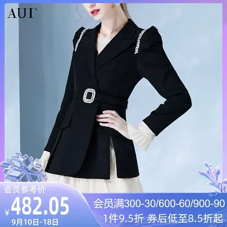 AUI黑色设计高级感西装连衣裙2023女春秋新款法式假两件拼接a字裙图片