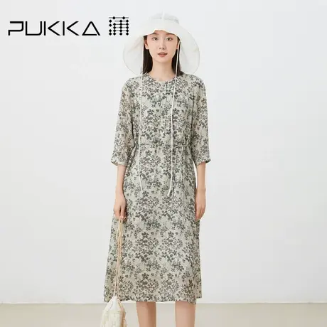 蒲PUKKA2023原创夏季新品苎麻印花宽松新中式显瘦A型七分袖连衣裙图片