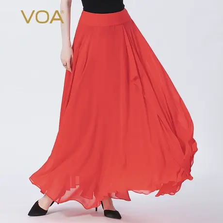 VOA真丝乔其正红色不对称设计双层带内衬荷叶边百搭桑蚕丝半身裙商品大图