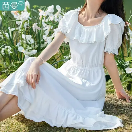 茵曼方领女裙子2024年夏季新款绿色连衣裙仙气超仙森系短袖长裙图片