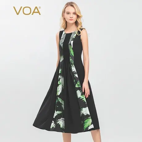 VOA36姆米重磅真丝圆领无袖塔克褶拼接印花桑蚕丝中长款连衣裙图片