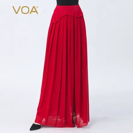 VOA纯真丝乔其酒红色自然腰波浪褶皱双层清爽飘逸桑蚕丝半身裙图片