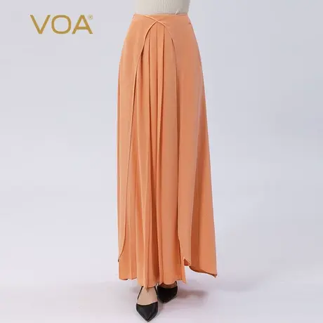 VOA真丝30姆米重磅粉色自然腰撞料拼接褶皱大摆长款桑蚕丝半身裙商品大图