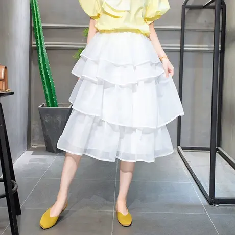 凯莉欧白色半身裙2019夏季新款韩版超仙高腰A字中长款纱裙蛋糕裙图片
