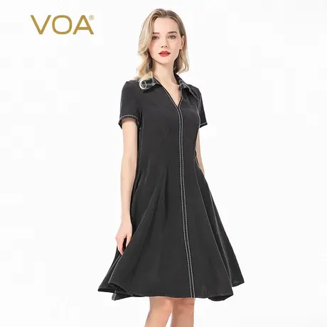 VOA30姆米重磅真丝提花翻领白色拱针褶裥收腰短袖桑蚕丝连衣裙图片