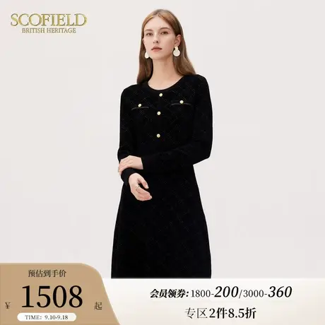 Scofield女装圆领气质收腰连衣裙显高长袖优雅小黑裙秋冬新款图片