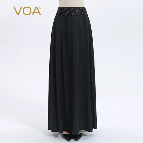 VOA丝绸弹力斜纹明线装饰立体加捻工艺黑色垂顺A字桑蚕丝半身裙商品大图