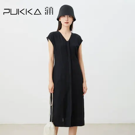 蒲PUKKA 原创设计2023夏季新品连衣裙棉麻微皱肌理V领显瘦小黑裙图片
