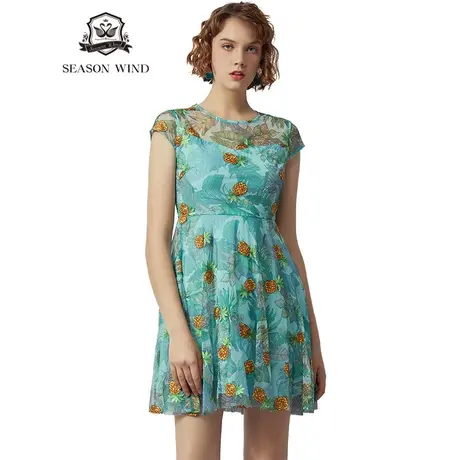 季候风新款单件A型淑女圆领热带印花短袖花绿色连衣裙女8291LC183图片