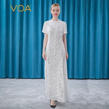 VOA30姆米重磅厚真丝牛奶白立领短袖欧根纱立体拼接桑蚕丝连衣裙图片