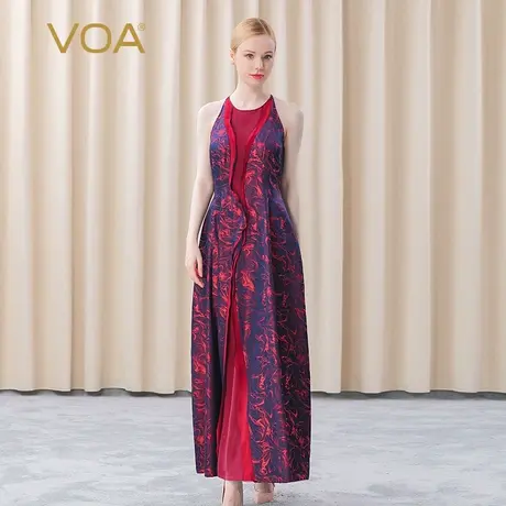 VOA真丝色织提花圆领无袖挖肩立体装饰中腰长款气质桑蚕丝礼服裙图片