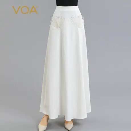 VOA60姆米重磅真丝长空立体装饰松紧腰长款白色百搭桑蚕丝半身裙图片