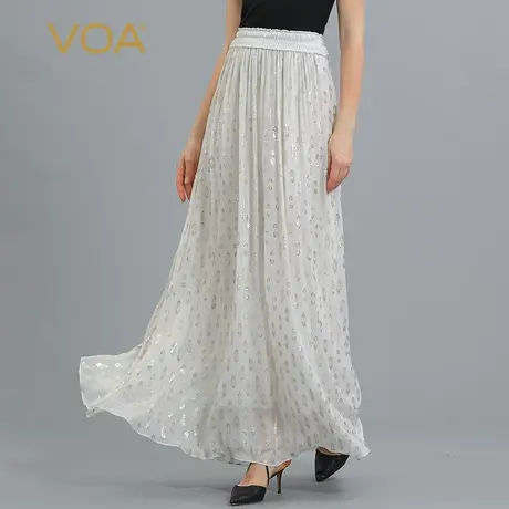 VOA提花桑蚕丝自然腰塔克褶亮片装饰优雅大方双层A字真丝半身长裙图片