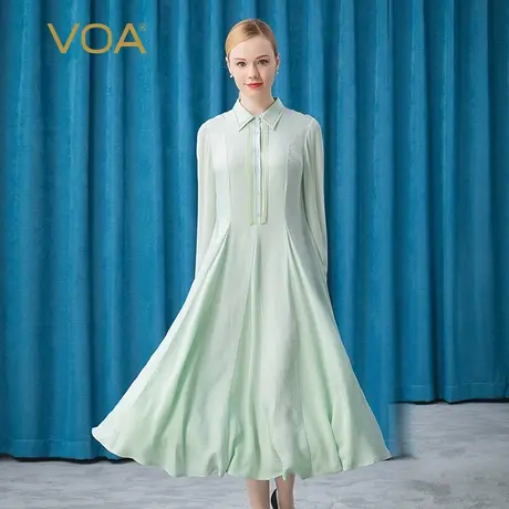 VOA真丝提花浅绿色翻领明线装饰半开襟撞料拼接长袖桑蚕丝连衣裙图片
