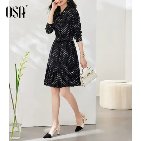 OSA欧莎黑色法式波点连衣裙春装女士2023年新款显瘦气质衬衫裙子图片