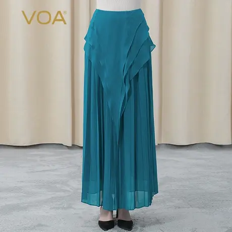 VOA真丝乔其纱自然腰不对称立体装饰百褶双层柔软桑蚕丝半身裙图片