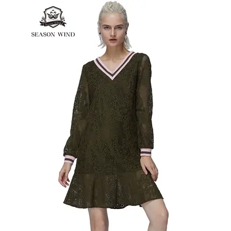 季候风清货新款A型长裙常规中长款蕾丝纯色长袖连衣裙女6804l103图片